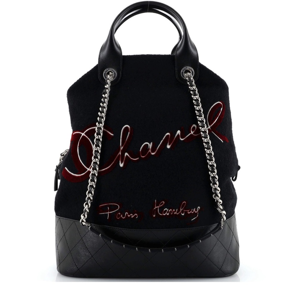 Chanel Tote Bag Embroidered Wool with quilted Calfskin Large